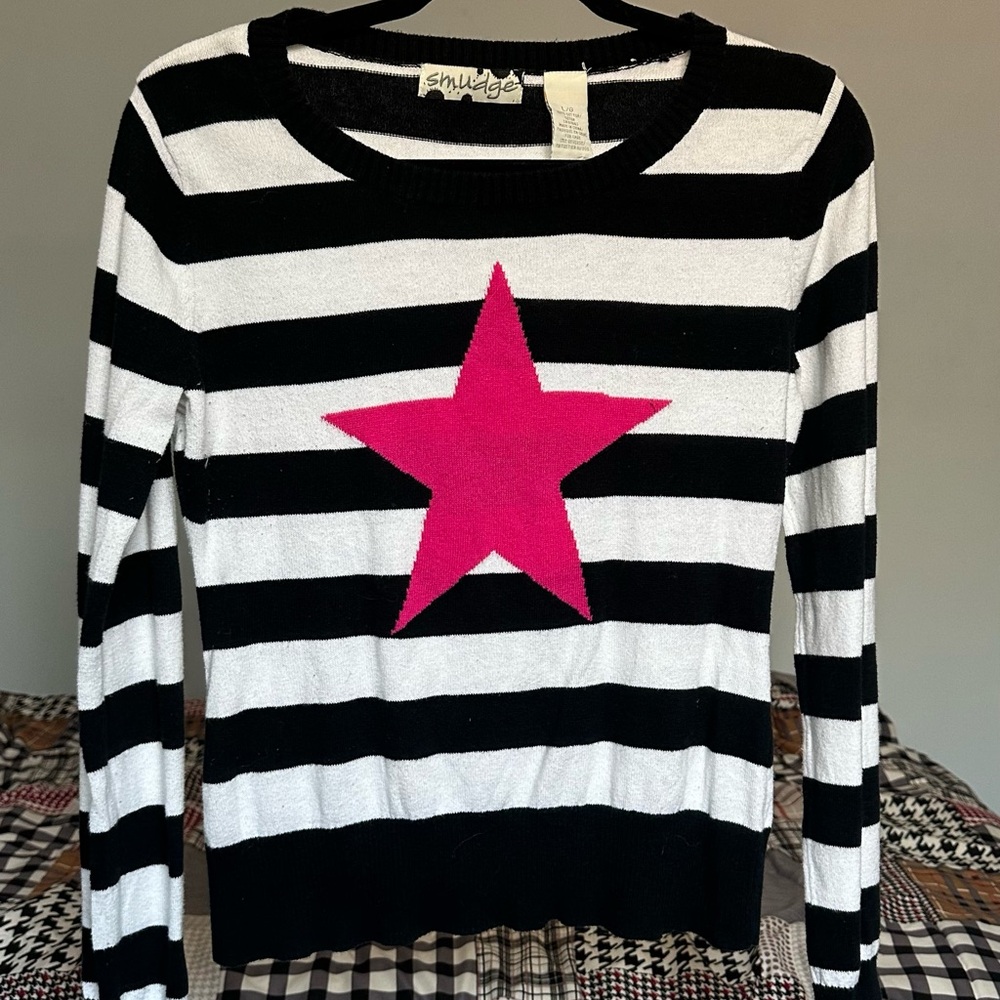 Vintage Black and White Striped Sweater with Pink Star